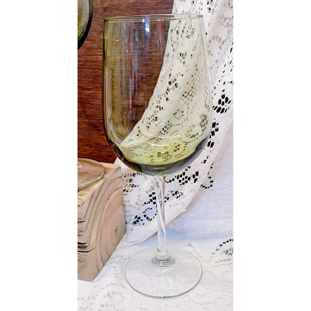 Set of 6 Olive Green Tinted Wine Glasses Long Stem Clear Base 9 Inch 2.75 Rim